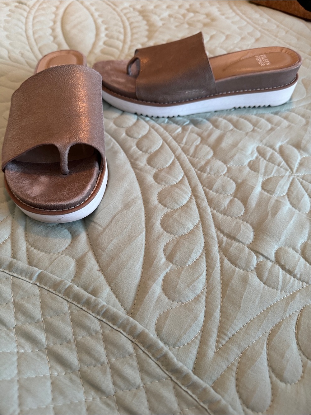 Eileen Fisher Metallic Taupe Slide Mules with White Platform